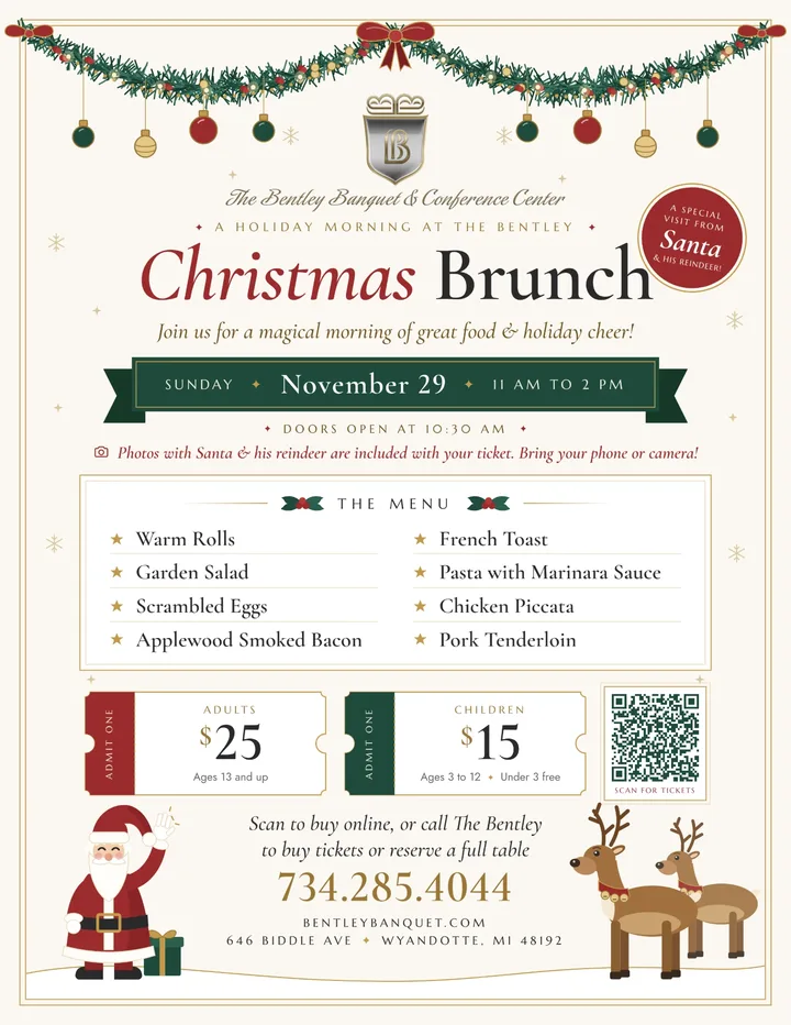 Christmas Brunch flyer: Sunday, November 29, 11am to 2pm, with photos with Santa and his reindeer