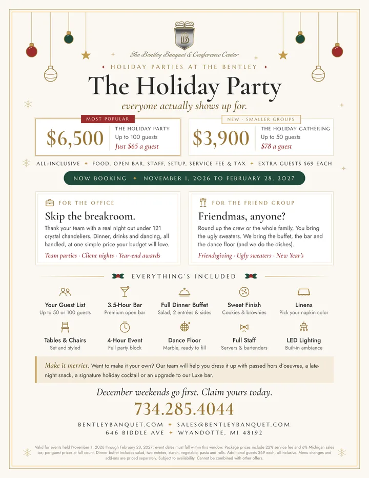 Holiday party flyer: all-inclusive packages from $3,900 for 50 guests and $6,500 for 100 guests