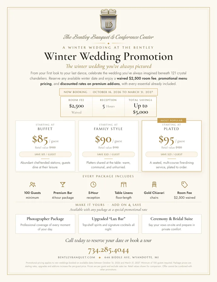 Winter wedding promotion flyer: $2,500 room fee waived, buffet from $85, family style from $90, plated from $95 per guest